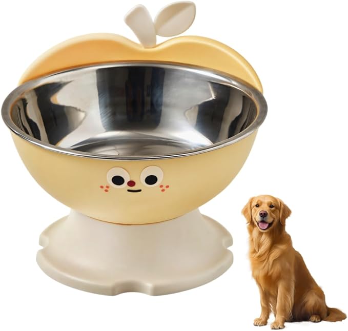 Elevated Cat Dog Bowl Apple Shape, Non Slip Pet Feeder with Stainless Steel Inner, Anti Vomiting Neck Protection for Small Medium Pets