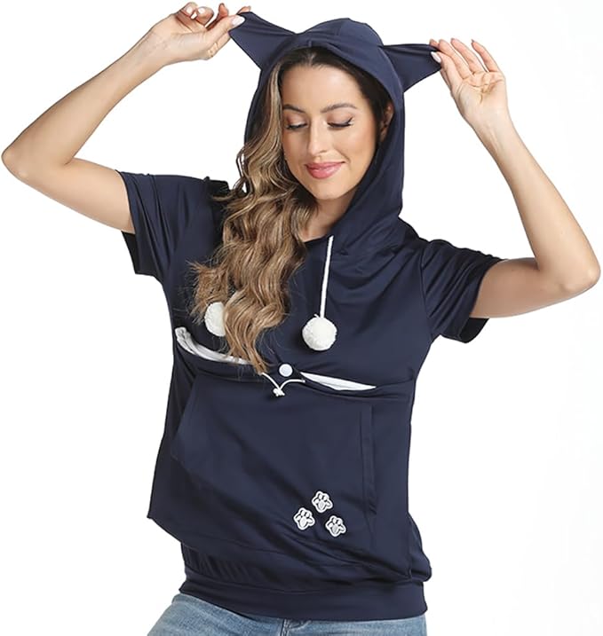 Women Big Pouch Shirt Pet Holder Pocket Top Short Sleeve Solid Color T-Shirt