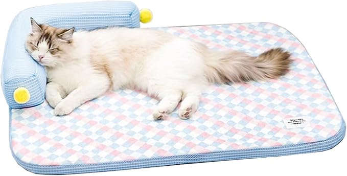 All-Season Ice Fabric Cat Bed with Cushioned Pillow/Play Ball/Washable Mat for Cats, Kittens & Small Pets (Blue, Large-25"x19"x4")