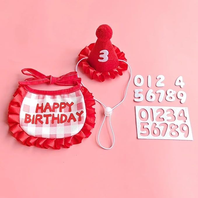Pet Party Outfit – Cute Hat and Ruffled Bandana Set with Number Patches – 3-Piece Birthday Costume for Kitten, Puppy, Cat or Small Dog – Gift and Celebration Accessory (Red)