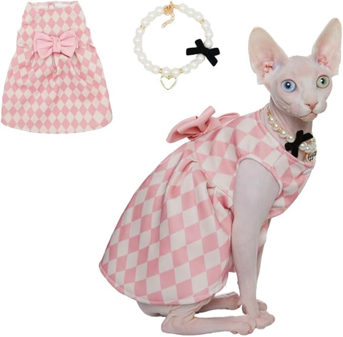 Sphynx Cat Pink Sleeveless Bow Dress with Pearl Necklace Set, Cute & Stylish Pet Apparel for Daily Wear, Cute Dress for Cats and Puppy (Large(5-7 lbs))