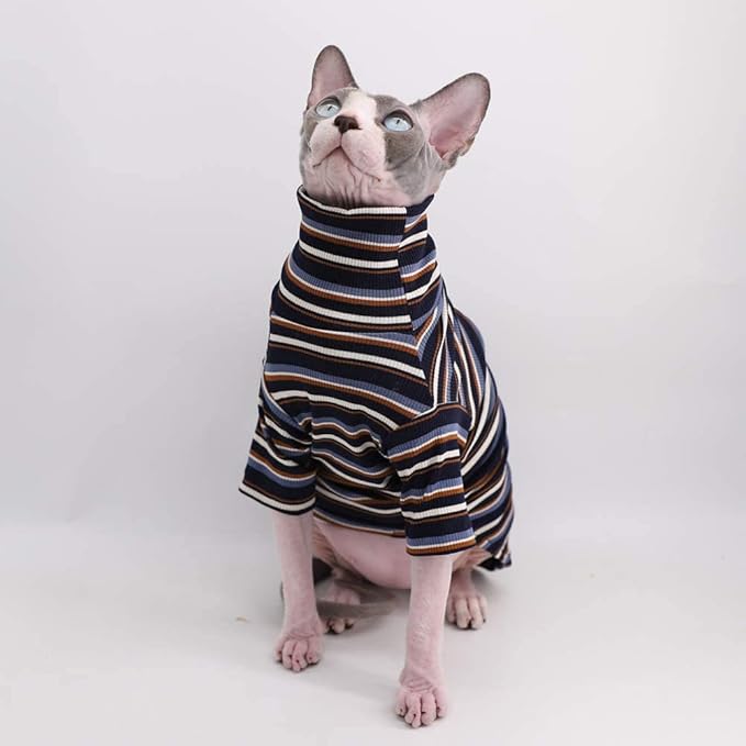Turtle Neck Vintage Stripes Sphynx Hairless Cat Cotton T-Shirts Pet Clothes Vest Kitten Shirts Sleeveless, Cats & Small Dogs Apparel (Vintage Deep Blue, XL (9-12.5 lbs))