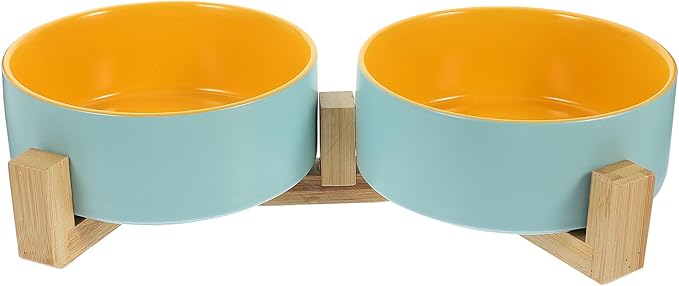 COLLBATH Ceramic Elevated Cat Bowl Set with Dual Bowls, Matte Two-Tone Blue and Yellow, Small Size with Wooden Stand, Kitten Supply for Indoor Feeding and Watering