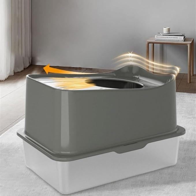 Pet Supplies, Stainless Steel Top Entry Cat Litter Box with Lid & Scoop(White)