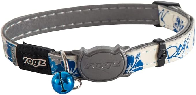 Rogz Glow in the Dark Reflective Cat Collar with Breakaway Clip and Removable Bell, fully adjustable to fit most breeds, Blue Floral Cat Design