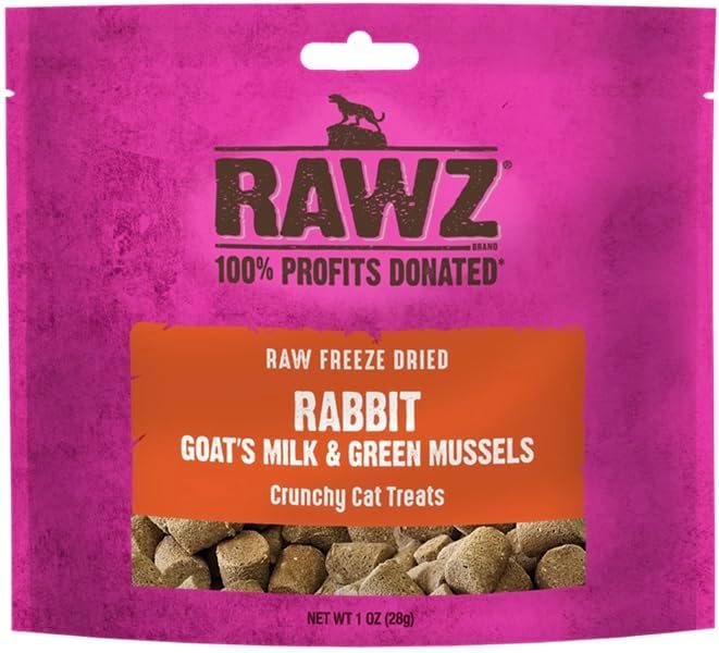 Rawz Raw Freeze Dried Rabbit, Goat's Milk & Green Mussels Crunchy Cat Treats- 1 Ounce Bag