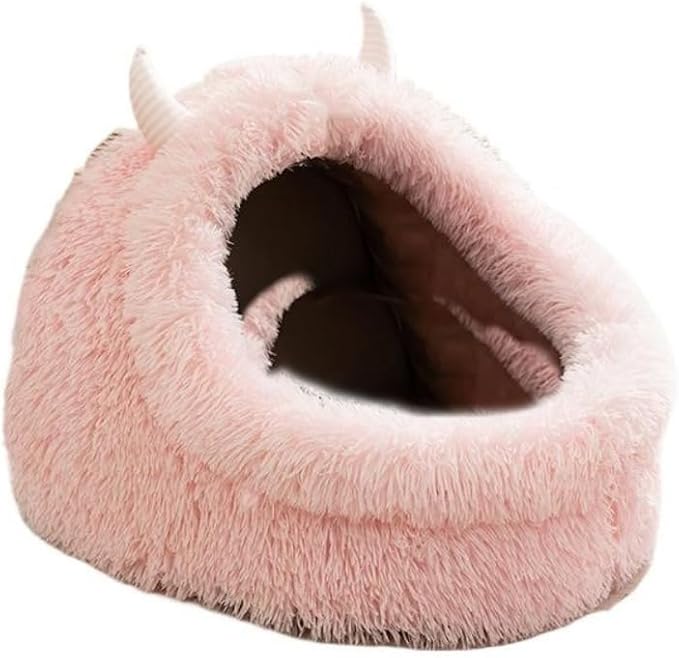 Autumn and Winter Cat Bed Semi-Enclosed Plush Warm Thickened Little Monster Cat Bed Indoor High Cushion Deep Sleep Dog Bed Small and Medium Dog Cat Bed Pet Bed (S,Pink)