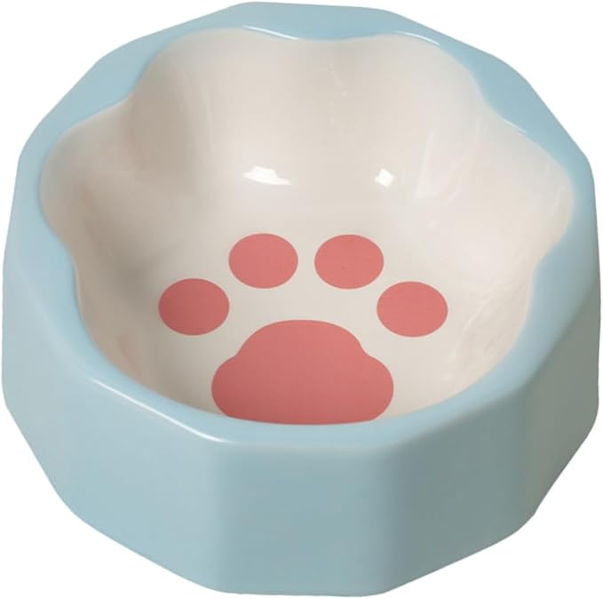Ceramic Slanted Pet Bowl with Blue Animal Paw Design, Tilted Dog and Cat Food Dish for Feeding and Watering, Small Size Pet Feeder Suitable for Cats and Small Dogs