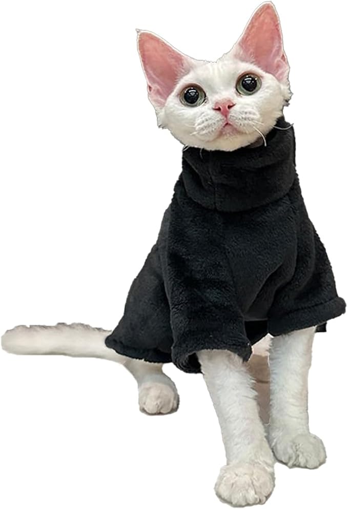 Sphynx Cat Clothes Winter Turtleneck Soft Coral Fleece Cat Clothes Thicken Warm Pajamas Coat for Hairless Cats and Small Cat Apparel with Sleeves (Black, L (6-9.3lbs)