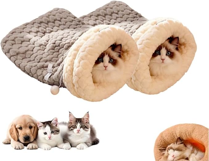 Winter Warming Cat Sleeping Bag，Soft Plush Sleeping Bag for Indoor Cats，Cozy Pet Nest for Cats and Dogs, Portable Calming Pet Nests，Cat Cave Bed Self Warming Bed (2 pack，C-Grey, Medium（18 *15.5 in）)