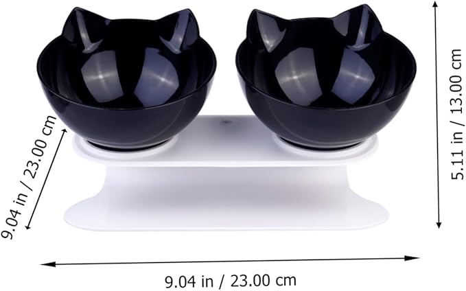 Ciieeo Double Cat Food Bowl with Tilted Design, Black Plastic Raised Pet Feeder for Cats and Small Dogs, Anti-Spill Neck-Protecting Double Plastic Pet Bowl for Feeding and Watering