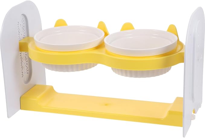Ceramic Raised Cat Bowl Set Adjustable Height and Tilt, Yellow Non-Slip Floor Pet Bowls for Dogs and Cats, Sturdy Reusable Feeding and Watering Station