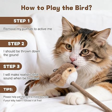 Chirping Bird Cat Toy with Stable Grass Base - Interactive Motion Activated Bird Sound Teaser for Indoor Cats, Fluttering Feather Kitten Toy