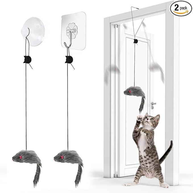 FYNIGO 2 Pcs Interactive Cat Toys for Indoor Cats & Kittens, Hanging Door Mouse Toy Set for Self Play, Bungee String Plush Mice with Clips, Hooks & Suction Cups
