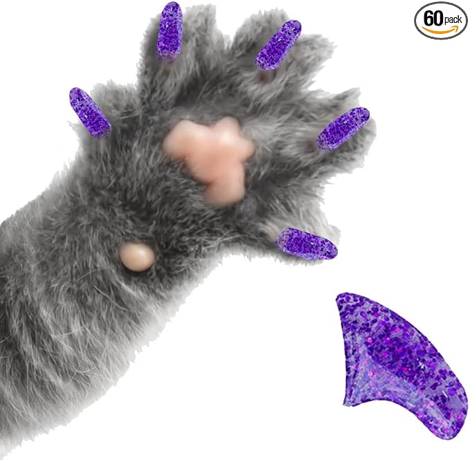 60 Piece Soft Nail Caps with Adhesive for Cat Claws - Amethyst Glitter Large