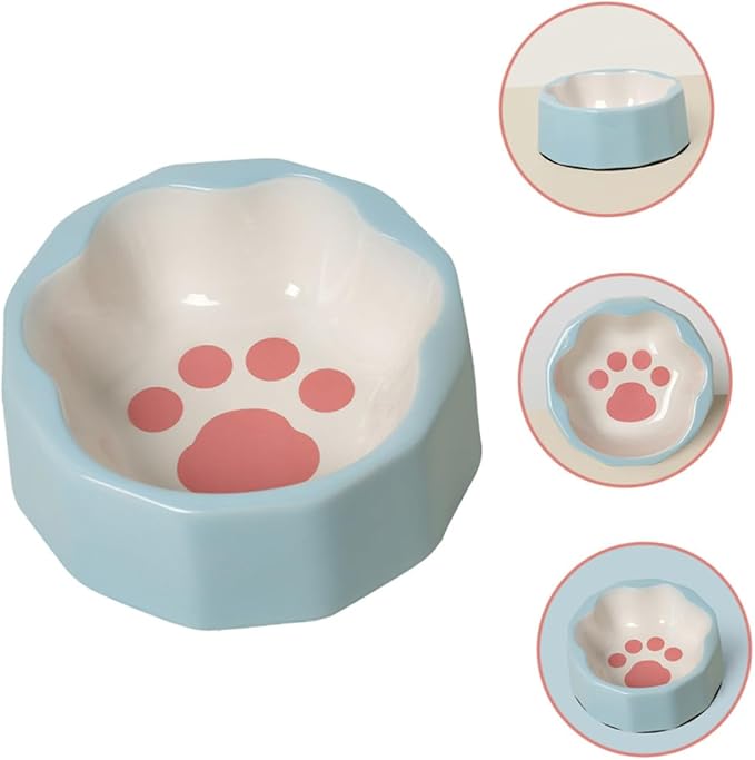 Kichvoe Ceramic Pet Feeder Bowl with Tilted Design, Blue Small Cat and Dog Food Dish, Cute Animal Paw Print Bowl for Indoor Feeding and Watering