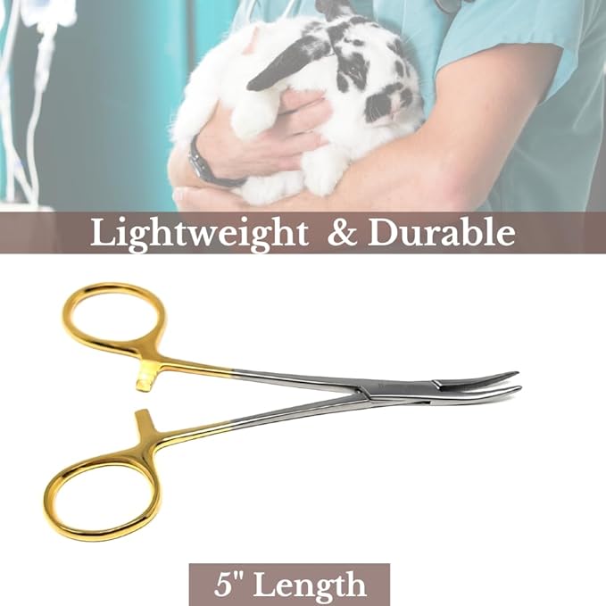 HTI DOG CAT PET HAIR PULLER REMOVER STAINLESS STEEL HEMOSTAT LOCKING FORCEPS 5" CURVED FULL SERRATED (Gold Handle)