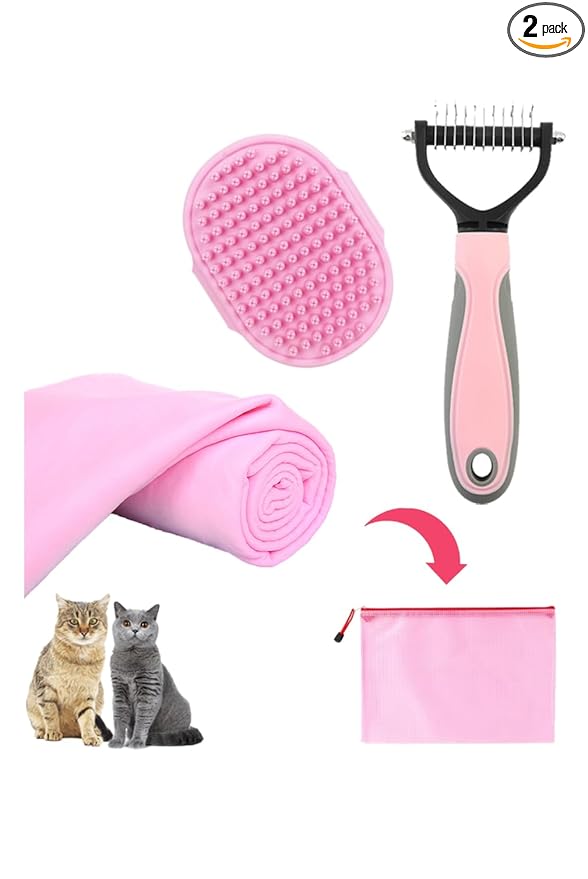 Cat Bath Towel 3pcs Grooming Brush Kit - Shedding Brush for Long-Haired Cats, Indoor Cats with Flea Comb, Pink
