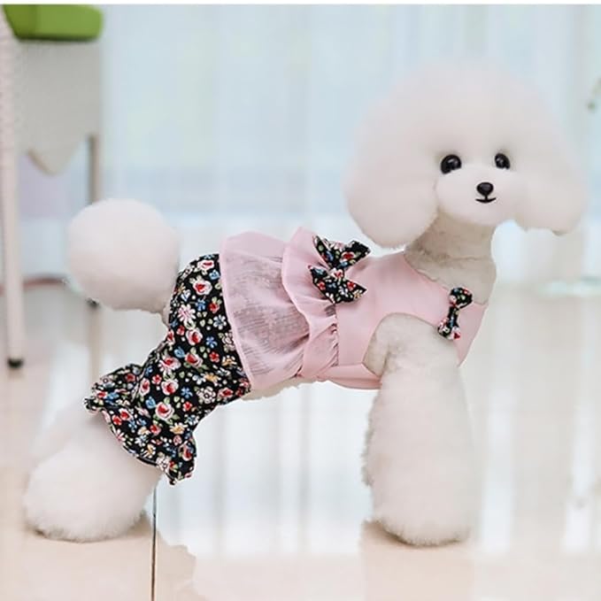Vintage Floral Bowknot Sleeveless Romper for Small Dogs Cats Rabbits, Breathable Cotton Ruffle Flared Pants, Teacup to Small-Medium Pets for Walk Photo Vacation (Pink-Floral, Large)