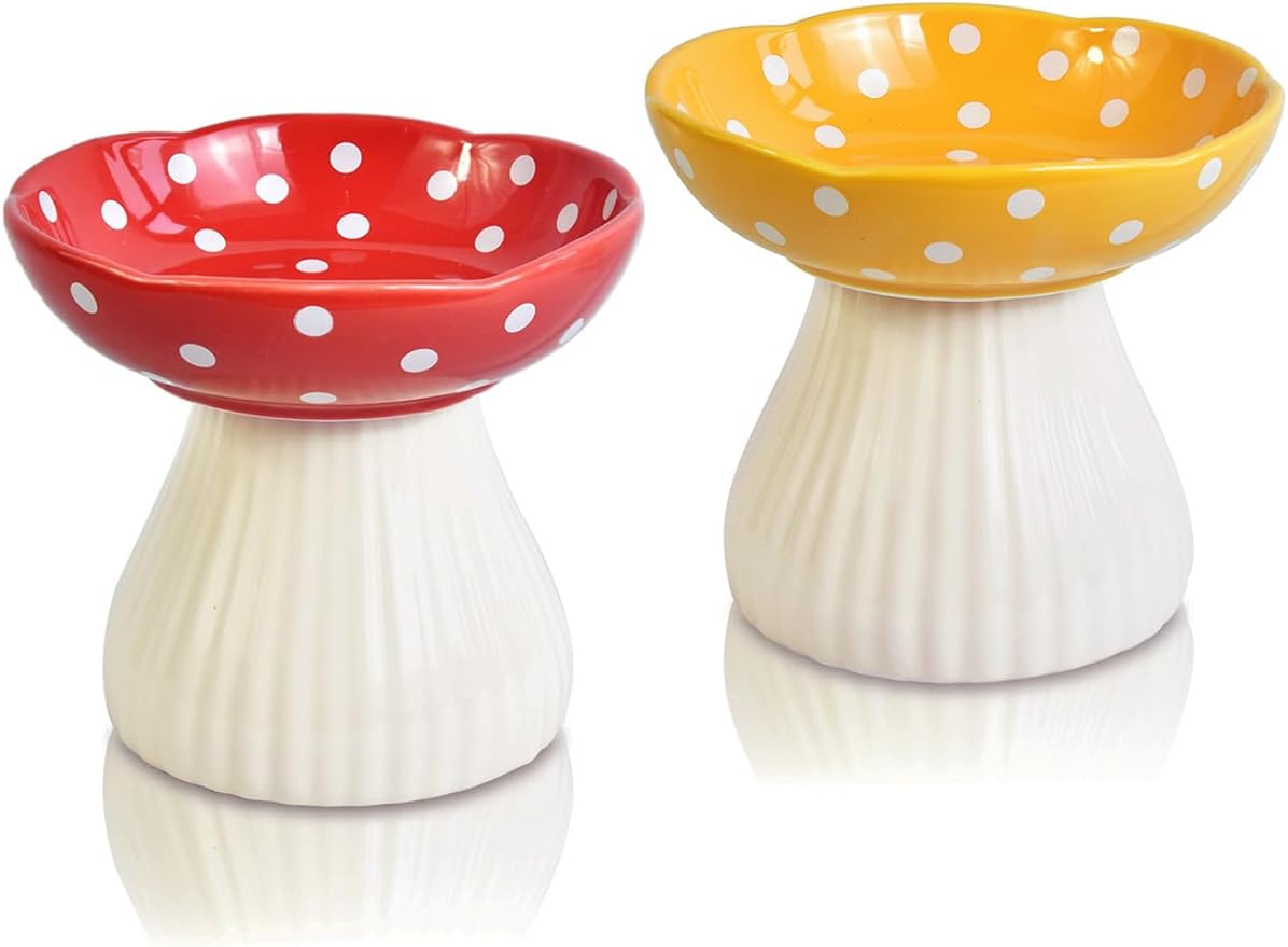Mushroom Elevated Cat Bowls Ceramic 2 Pack, Raised Cat Bowl for Indoor Cats, Cute Whisker Fatigue Cat Bowl, Raised Dog Bowls Stand for Food and Water, Red+Yellow 6" Wide for Adult Cats