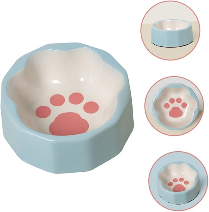 Ceramic Tilted Pet Bowl Blue Small Slanted Cat and Dog Feeder Bowl with Animal Paw Print for Feeding and Watering Pets