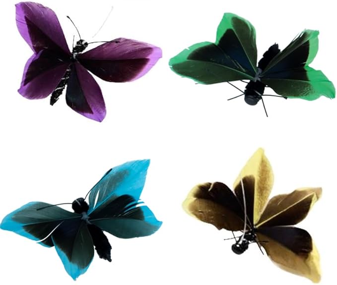 Cat Insect Feather Toys Replacement - 4 Pcs Handmade Natural Butterfly - Cat Toy Wand Refills - Simulation Mini Insects Cat Lures Wand Attachment Replacement for Kitty