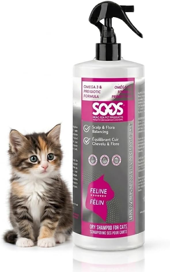 SOOS Nutri-Cleanse Waterless Cat Shampoo - Grooming Spray Omega-3 Enriched Dry Foam for Coat Deodorizing & Cleaning - 473ml