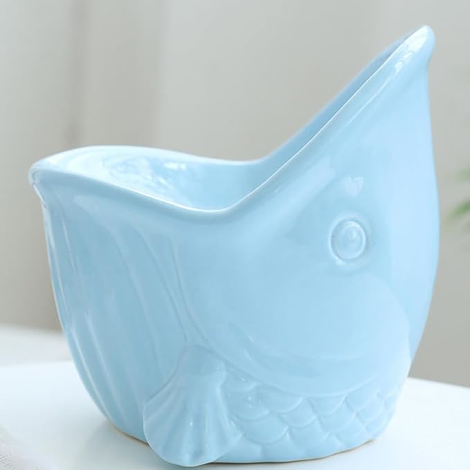 Ceramic Raised Pet Bowl for Cats and Dogs, Multi-Function Feeding and Watering Dish with Neck Protection, Household Blue Artistic Design Suitable for Kittens and Puppies