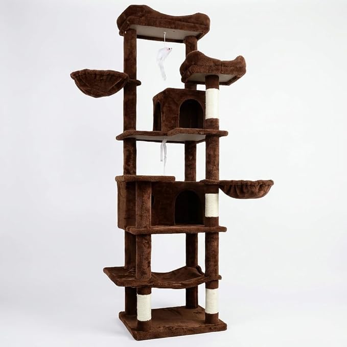 68" Cute Cat Tree for Indoor Cats Large Adult, Tall Cat Tower with Scratching Post & Condo, Hammock, Aesthetic Cats Stand, Modern, Easy Assembly (Brown, 68" Tall)