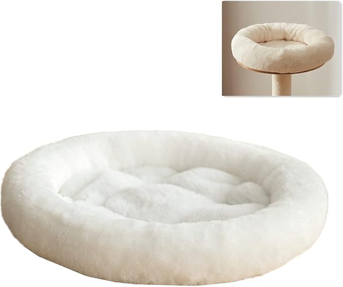 SHENGOCASE 14" Fluffy Faux Fur Cat Tree Tower Replacement Bed Cushion Pillow with Hook Tapes, Round Donut Cuddler Cat Dog Bed for Desk Table