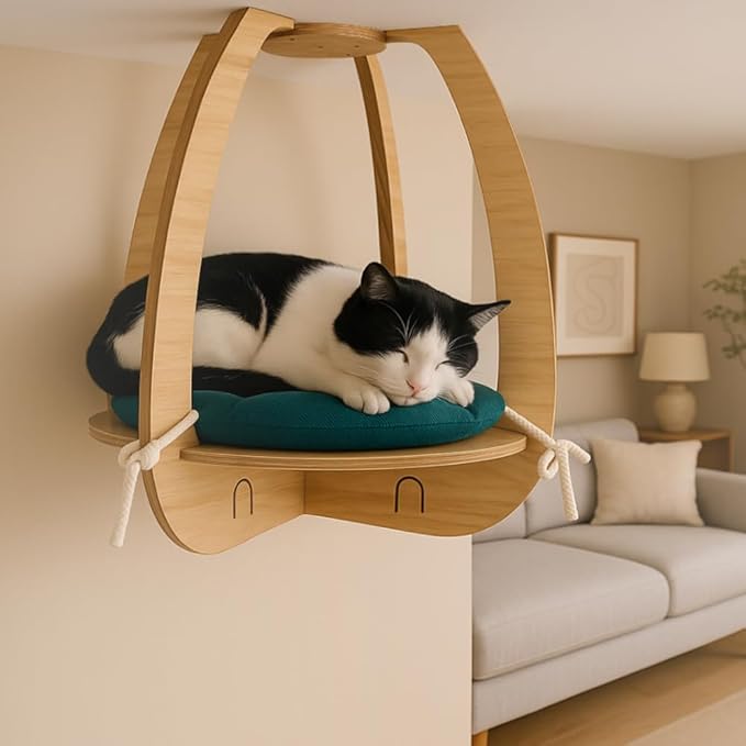 Personalized Hanging Cat Bed, Cat Hammock Wall Shelves, Cats Bed Window with Cushion, Wooden Shelf Perch Toy Bed for Playing Sleeping Scratching, Your Cats Gifts