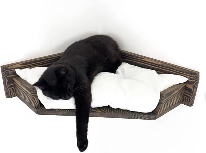 Cat Wall Bed, Wall-Mounted Wooden Corner Cat Bed with Cushion, Easy to Install (Natural, Pillow Color Grey)