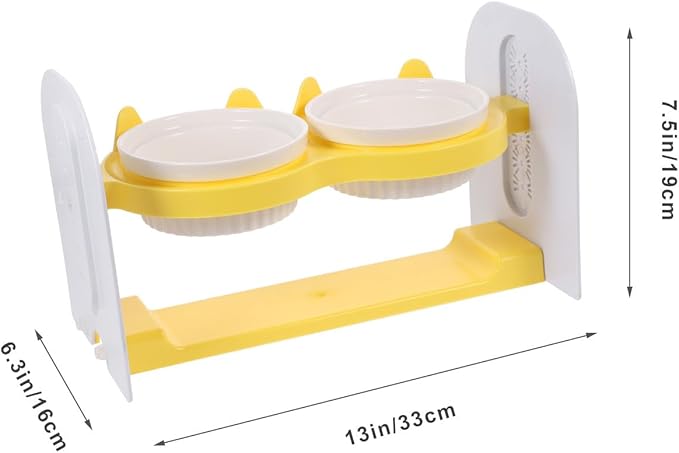 Ceramic Raised Cat Bowl Set Adjustable Height and Tilt, Yellow Non-Slip Floor Pet Bowls for Dogs and Cats, Sturdy Reusable Feeding and Watering Station