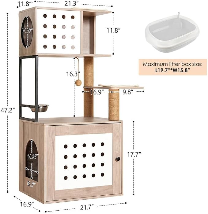 All-in-one Cat Tree with Litter Box Enclosure, Modern Indoor Cat Tower with Large Hammock, Comfort Cat Bed, Food Station and Scratching Posts, Stylish Pet Furniture for Home Decor