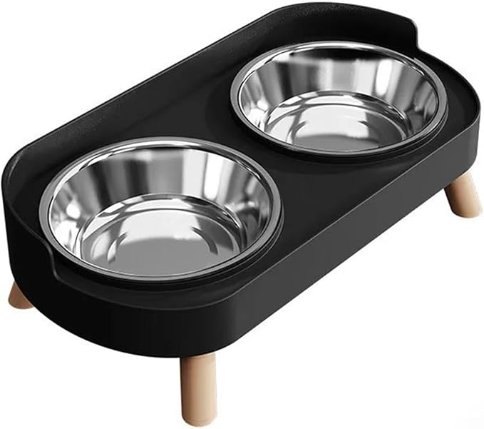 Raised Cat Feeder 2 Bowls in 1 Feeding & Watering Supplies 15° Raised Puppy 2 Stainless Steel Bowls Wood Stand Cats Accessories(Black)