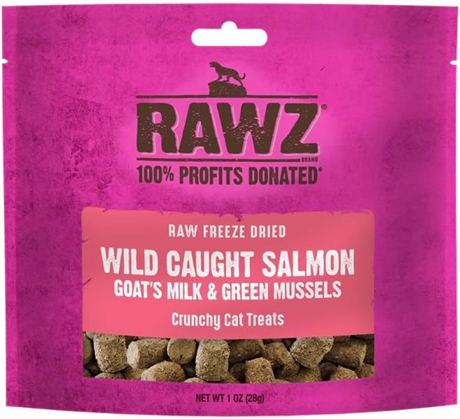 Rawz Raw Freeze Dried Wild Caught Salmon, Goat's Milk & Green Mussels Crunchy Cat Treats- 1 Ounce Bag