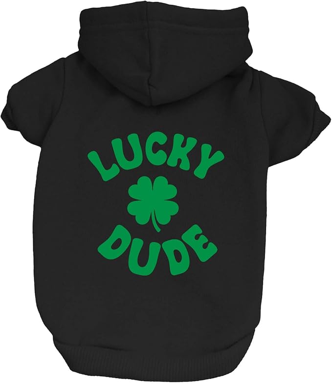 Lucky Dude Dog Hoodie | Fleece Lined |Leash Hole| St. Patrick's Day | Lucky | Shamrock | Irish Holiday|Black, 4X-Large 1207