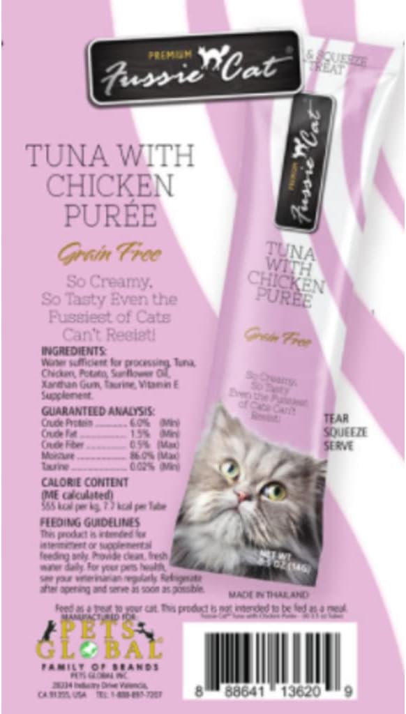 Fussie Cat Puree Grain Free Treat in 6 Flavors: Tuna/Prawns, Chicken/Duck, Chicken, Tuna/Salmon, Tuna/Ocean Fish, and Tuna/Shrimp (6 Four-Tube Packs, 24 Tubes Total, 0.5 Ounce/Tube) Plus Silicone Lid