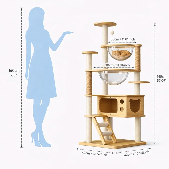 Cat Tree for Indoor Cats, 57" Large Modern Cat Tower with 2 Acrylic Space Capsule Perches, Wooden Cat Condo, Sisal Scratching Posts, Easy-Climb Ladder & Hanging Toys, Cat Activity Tree for Large Cats