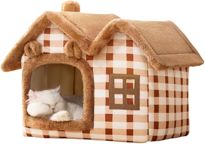 Double Roof Cat Nest Cute Bear Shaped Dog House Foldable Warm Soft Kennel with Removable Cushion and Non-Slip Bottom