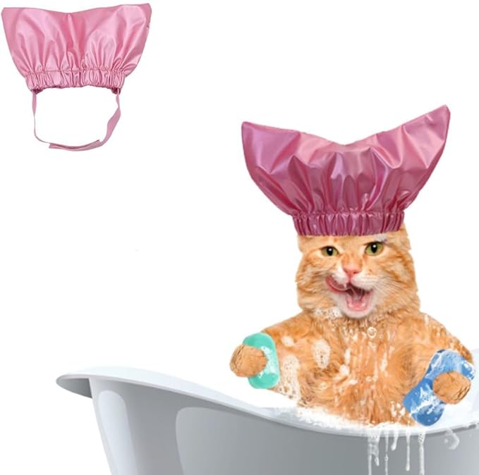 Pet Shower Cap -Reusable Dog Shower Hat Ear Covers Cat Bathing Cap with Adjustable Strap Prevent Water in Ears Elastic Headgear for Cat Dog Kitten Puppy (Pink,S)