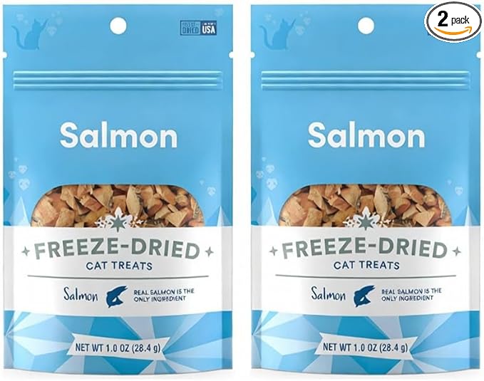 Freeze Dried Salmon Cat Treats 2 oz (2 x 1 oz Bags) Single Ingredient Healthy Kitten Treats All Natural Grain Free High Protein Crunchy Cat Snacks Raw Made in USA Indoor Cat Food Topper Fish Treats