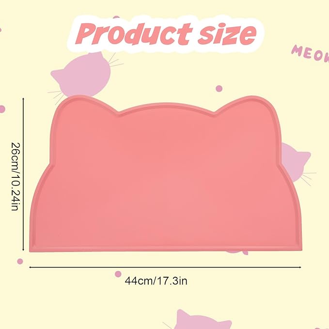 Xindojuz Cat Bowl Mat for Food and Water, Silicone Pet Feeding Food Mat for Floor Waterproof Non-Slip Dog Water Bowl Tray Cushion with Raised Edge for Indoor Cats Dogs Pet Placemat (Pink, 44×26 cm)