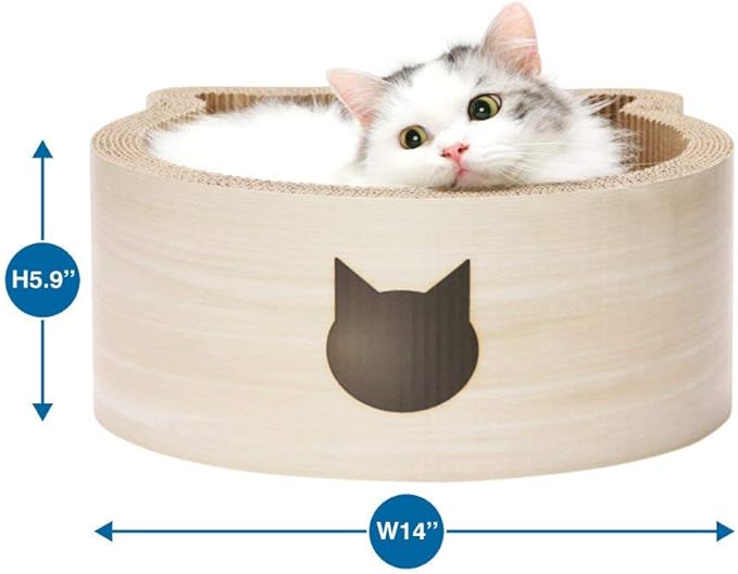 Necoichi Cat-Headed Scratcher Bed (Birch, Regular) | Cardboard Cat Scratcher Bowls for Indoor Cats - Cat Scratching Board, Cat Scratch Pad Reversible Usability and Extra Comfort for Lounge
