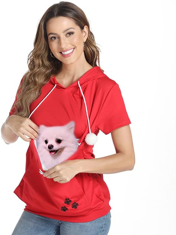 Women Big Pouch Shirt Pet Holder Pocket Top Short Sleeve Solid Color T-Shirt