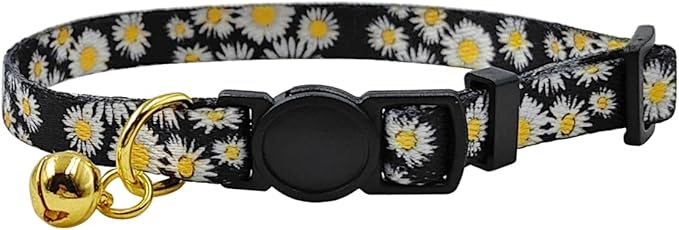 Breakaway Cat Collar, Floral Pattern, Safe Release Buckle, Clear Bell, Polyester Material, for Adult Cats.(Black Daisy)