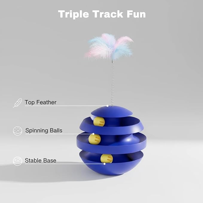 Interactive Cat Toy, Automatic Spinning Cat Toy for Indoor Cats, Engaging Kitten Toy with Feather for Exercise & Mental Stimulation, 3-Layer Cat Ball Track Durable Safe Toy to Reduce Boredom(Blue)