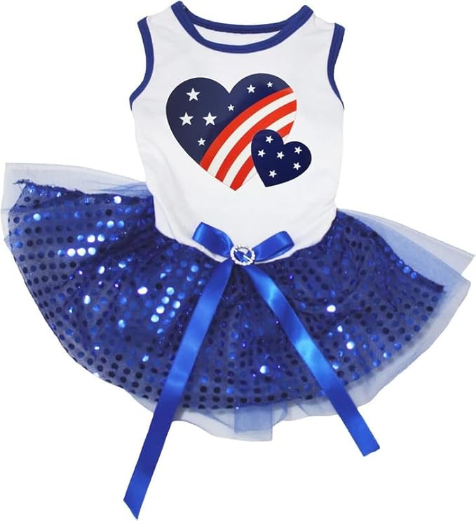 Petitebella USA Twins Heart Puppy Dog Dress (White/Blue Sequins, Small)