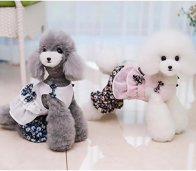 Vintage Floral Bowknot Sleeveless Romper for Small Dogs Cats Rabbits, Breathable Cotton Ruffle Flared Pants, Teacup to Small-Medium Pets for Walk Photo Vacation (Blue-Floral, X-Large)