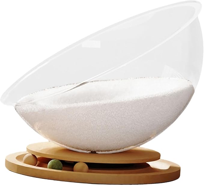 Semi Capsule Cat Bed with Bead Turntable Toy, All-Seasons Indoor Outdoor Pet Sleeping Nest, Easy Cleaning Stable Cat Furniture- Wood with mat M
